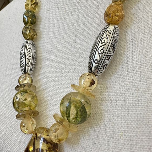 Chunky Vintage Confetti Lucite Faux Amber Graduated Bead Necklace 15" Retro MCM - Picture 12 of 14